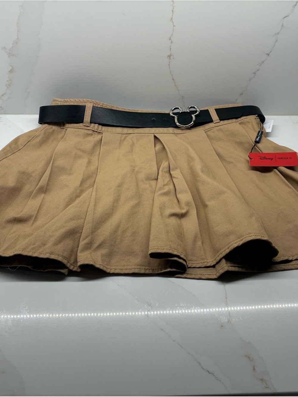 Disney Tan Pleated Skater Skirt with Black Belt and Mickey Buckle